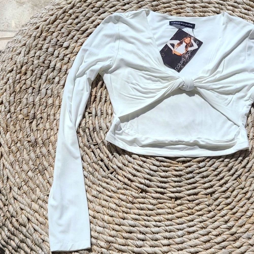 naked wardrobe White Long Sleeve Twist Front Crop Top - Picture 3 of 8